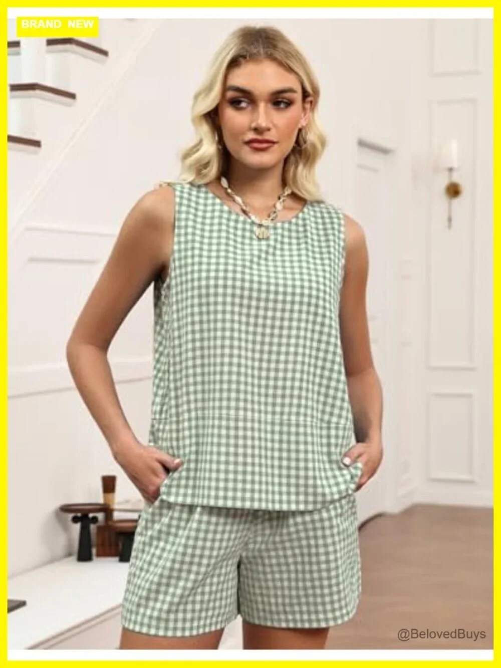 Women's 2 Piece Shorts Set Cotton Sleeveless Tank Top with Pockets